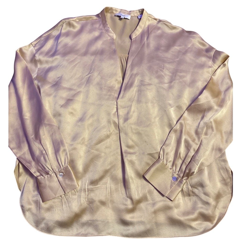 Vince Women's Champagne Gold 100% Silk Long Sleeve Blouse Size Medium